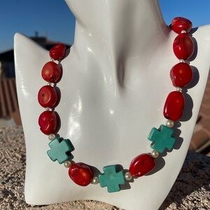 Bamboo Coral Necklace & Bracelet with Faux Pearls & Howlite Cross Beads